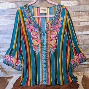 Savannah Jane Turquoise Striped W Beautiful Embroidery Bell Sleeve Tunic